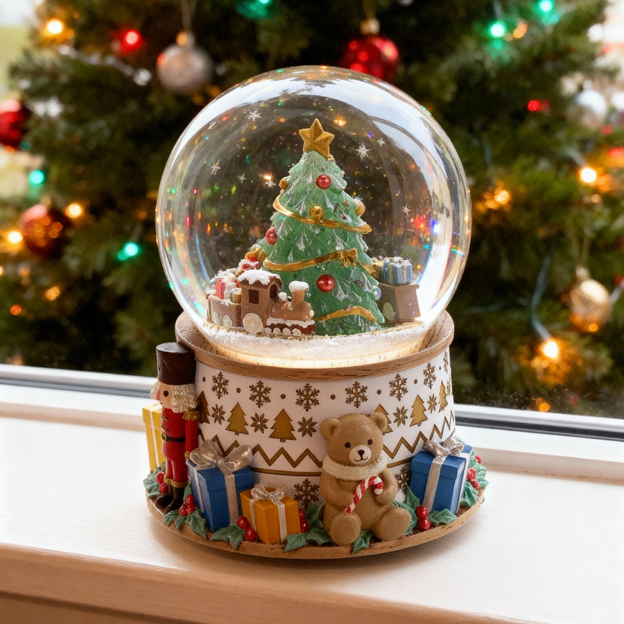 Nutcracker Christmas Tree Snow Globe Music Box with Rotating Train