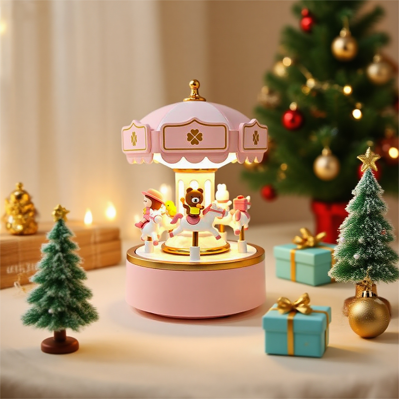 Pink Carousel Music Box with Lights — Plays 6 Melodies